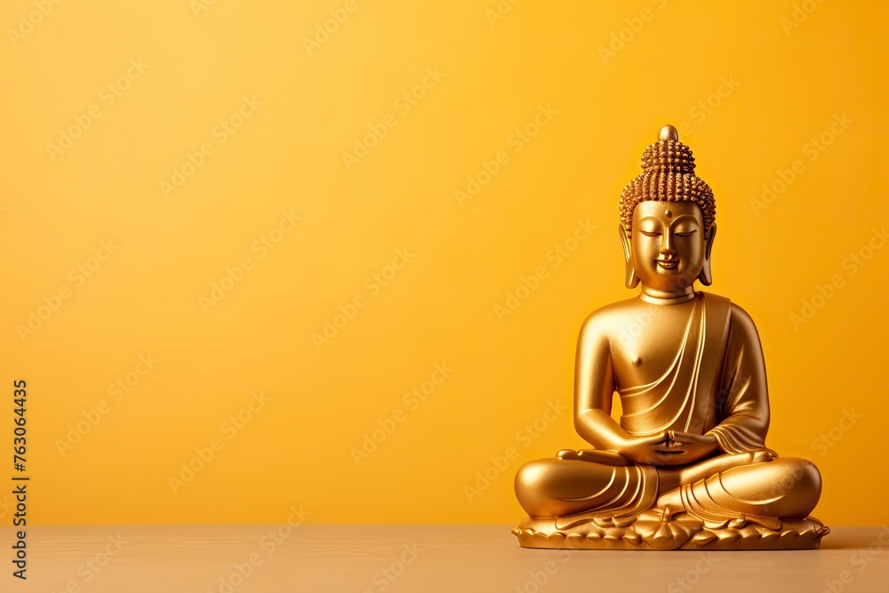 Buddha statue on golden background and copy space - generative ai