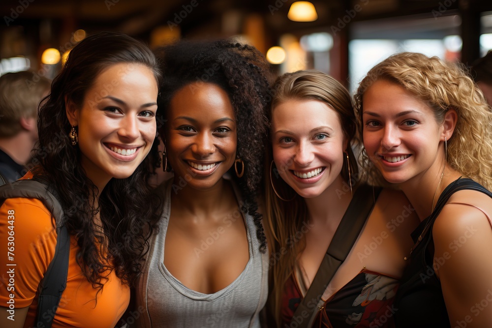 Portrait of a group of four girls of different nationalities, a meeting of friends in a cafe. Portrait of a group of four girls of different nationalities, a meeting of friends in a cafe.