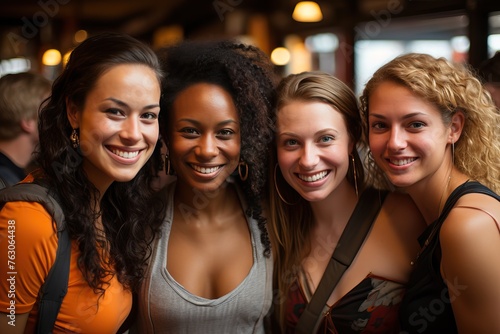 Portrait of a group of four girls of different nationalities, a meeting of friends in a cafe.