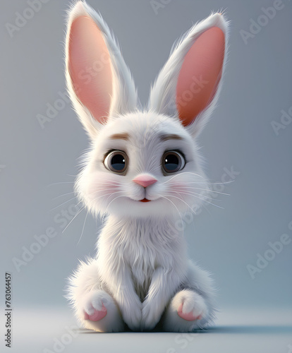 A cute 3D illustration of a white little bunny sitting on an isolated background.