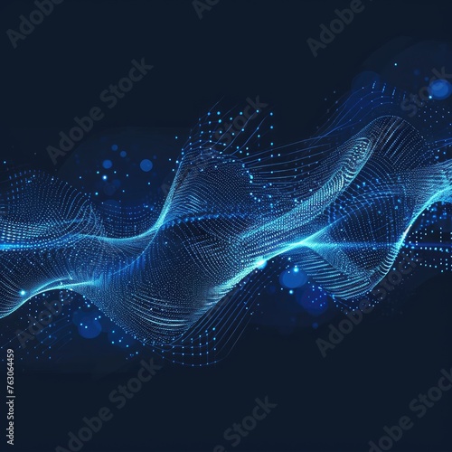 A contemporary image featuring a modern sound equalizer depicted as a blue neon wave. The design showcases the pulsating rhythm of music in a sleek and visually captivating neon. AI © Iryna