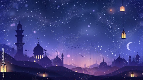 Starry Night Laylat al-Qadr Illustration with Lanterns and Mosque