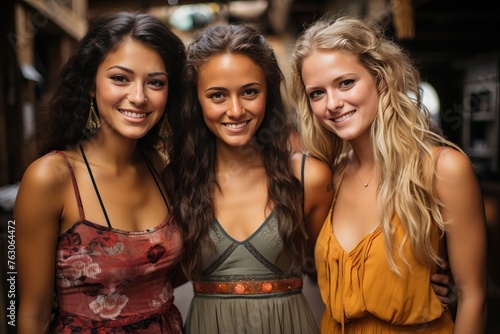 Portrait of three girls of different national appearance, girls in summer dresses.