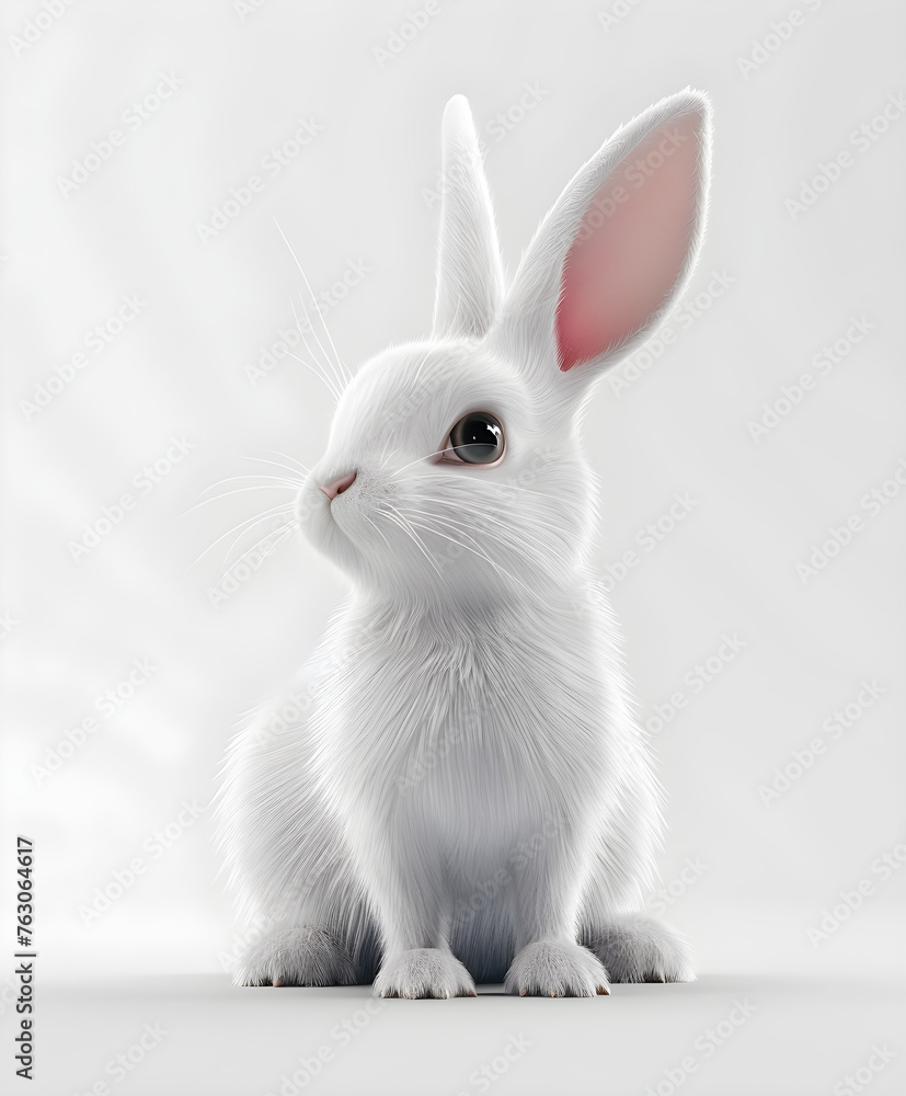 A cute white little bunny sitting, 3d illustration on isolated background, suitable for Easter decorations or children's toys.