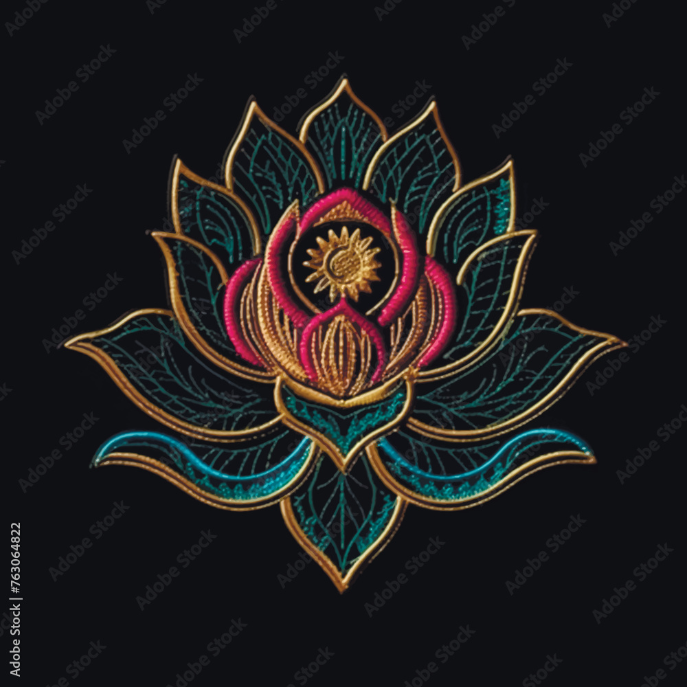 3d Textured embroidery tropical exotic lotus flower, branch, leaves pattern. Embroidery colorful floral decorative vector background illustration with beautiful stitch flower. Surface grunge texture
