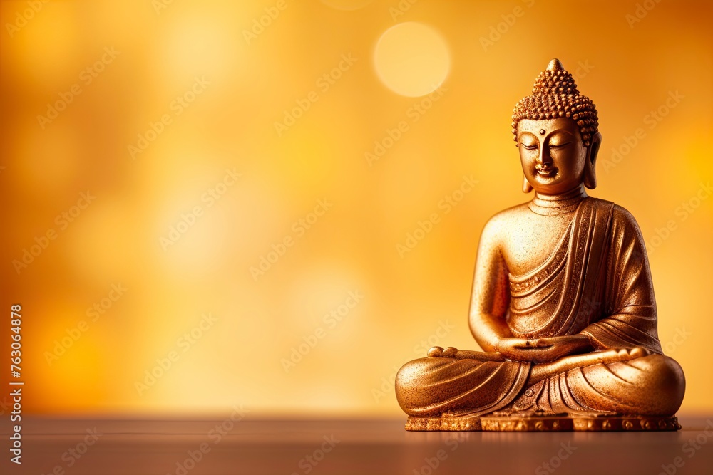 Buddha statue on golden background and copy space - generative ai Buddha statue on golden background and copy space - generative ai