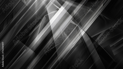 Black white abstract background. Geometric shape. Lines, triangles. 3d effect. Light, glow, shadow. Gradient. Dark grey, silver. Modern, futuristic
