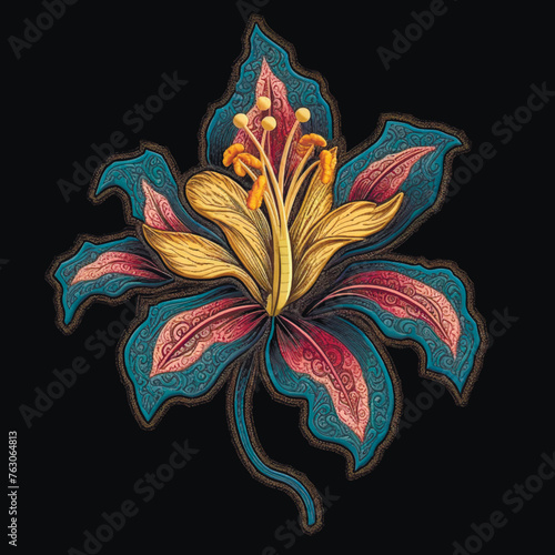 3d Textured embroidery tropical exotic lily flower, branch, leaves pattern. Embroidery colorful floral decorative vector background illustration with beautiful stitch flower. Surface grunge texture