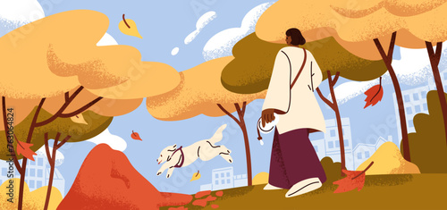 Woman walking with cute funny dog in city park in autumn. Pet owner character...