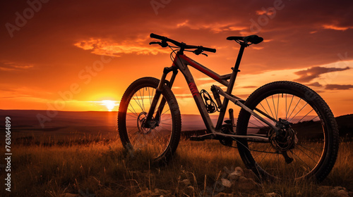 Silhouette of a bicycle in the grass against an orange