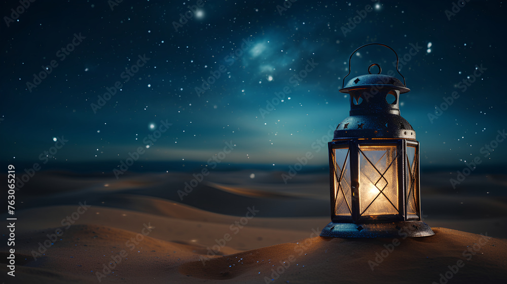islamic ramadan background, eid al fitri, iftar, eid al adha, beautiful mosque and lantern background. camel in the middle of the desert with mosque