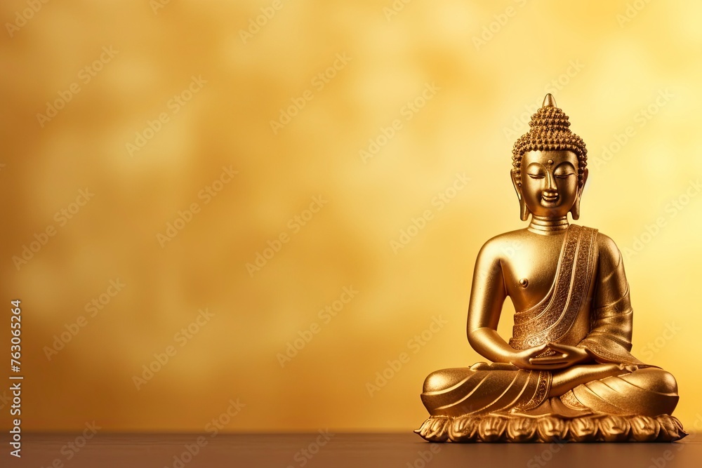 Buddha statue on golden background and copy space - generative ai Buddha statue on golden background and copy space - generative ai