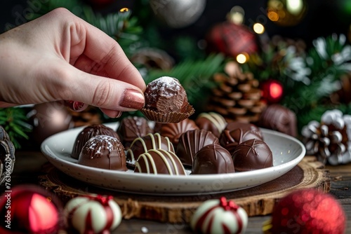 Hand picking up a chocolate bonbon from a plate on wooden table with Christmas decoration and isolated dark background. Front view.
