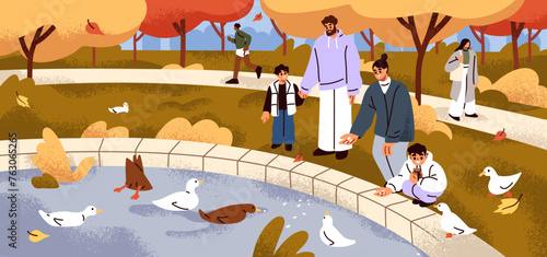 Happy family with kids in city park, feeding ducks in pond water, river. Parents and children sharing food with birds, walking outdoors on autumn holiday, fall weekend. Flat vector illustration