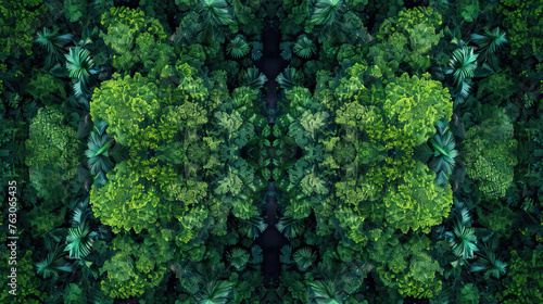 Aerial drone shot top-down bird's eye view, mirror image, jungle rainforest canopy, symmetrical vibrant eco nature background, isolated, abstract organic nature-inspired natural textures banner photo