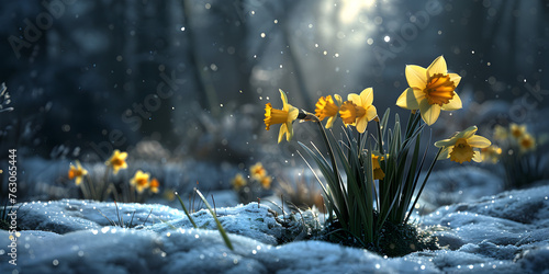 White Flowers Bloom on the Bank of a Snow-Clad Stream, Adorned by a Butterfly and Daffodils