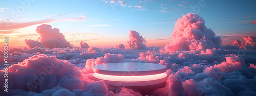  3D pink podium with a dreamy sky background, providing a minimal and abstract scene for showcasing products or creating a beauty-themed display. Elegance stage with pastel tones and cloud elements.