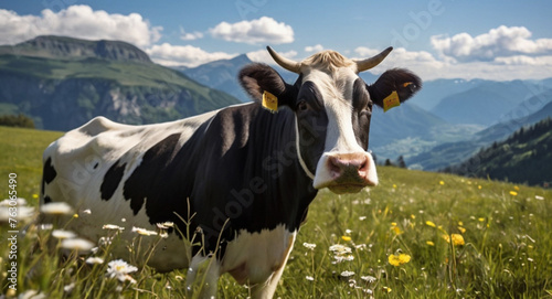 Holstein-Friesian dairy cattle on a green meadow with wild flowers under a blue sky on a sunny summer day.