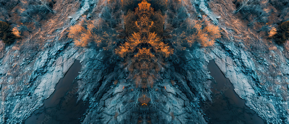 Aerial drone shot top-down bird's eye view, mirror image, vibrant mountain range, symmetrical vibrant eco nature background, isolated, abstract organic nature-inspired natural textures banner