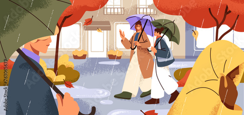 People walking on city street in rainy weather. Characters, women strolling under umbrellas outdoors in autumn rain, wet fall season with downpour, drizzle, precipitation. Flat vector illustration