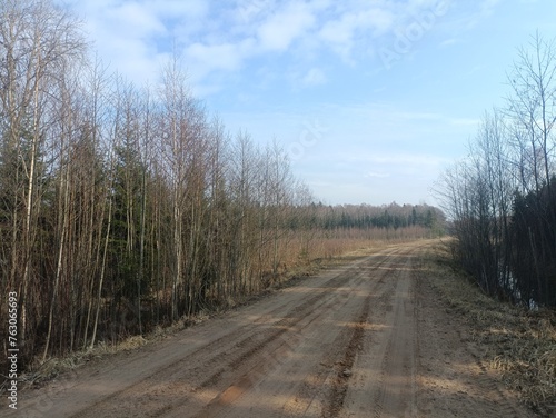 Road in forest in Siauliai county during cloudy early spring day. Oak and birch tree woodland. cloudy day with white clouds in blue sky. Bushes are growing in woods. Sandy road. Nature. Miskas. 