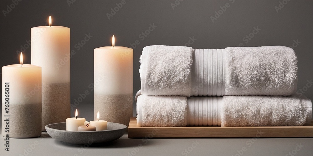 Spa still life with towels and candles on grey background. Spa concept.