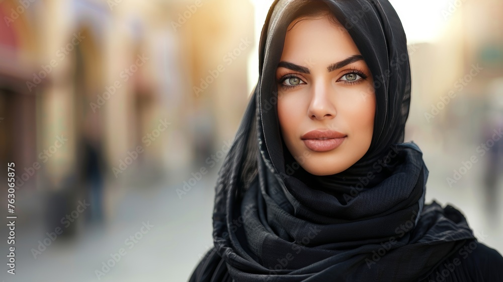 Elegant portrait of woman in hijab on blurred background with ample space for text placement Elegant portrait of woman in hijab on blurred background with ample space for text placement