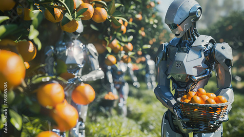 mehrere Roboter ernten Orangen, Orangenhain, Feld, Wiese