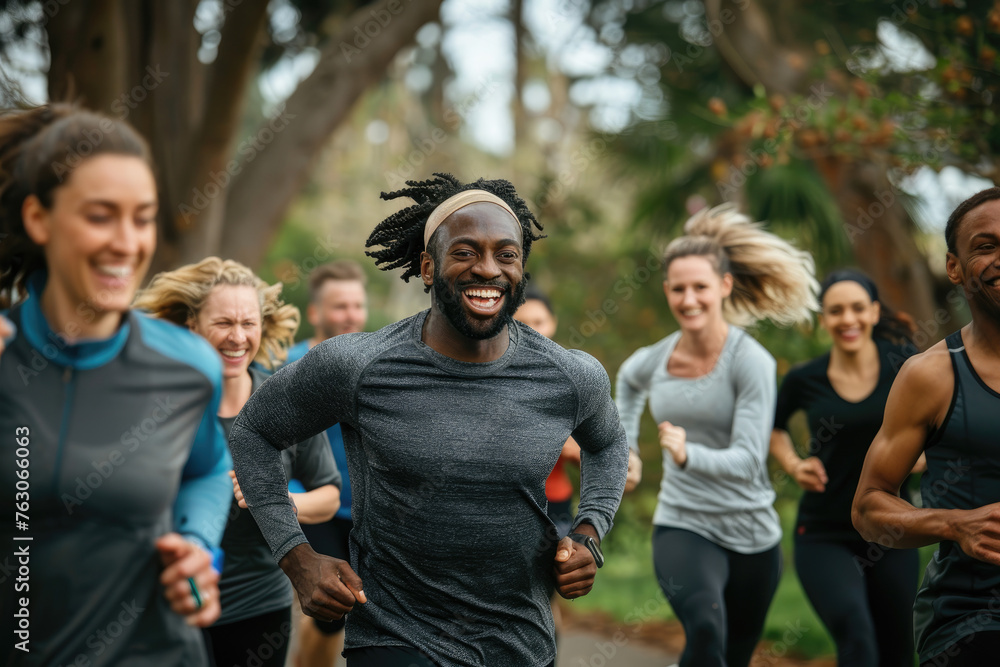 A diverse group of people running outdoors, smiling and laughing together in an active fitness class