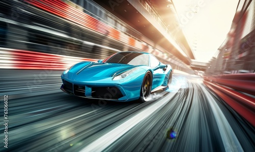 Blue car speeds on track with sleek design and bright headlights © Jahid