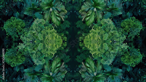 Aerial drone shot top-down bird's eye view, mirror image, jungle rainforest canopy, symmetrical vibrant eco nature background, isolated, abstract organic nature-inspired natural textures banner