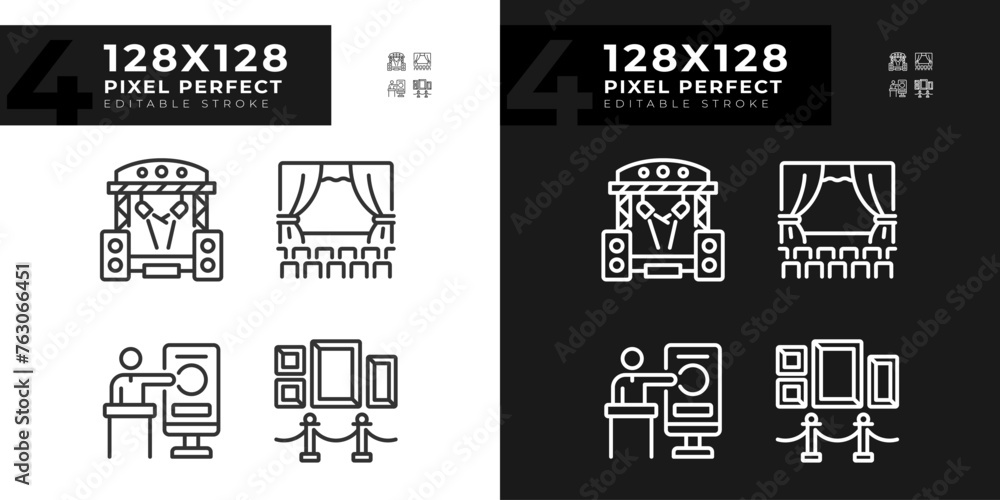Cultural events pixel perfect linear icons set for dark, light mode. Theatrical performance. Trade conference. Thin line symbols for night, day theme. Isolated illustrations. Editable stroke Cultural events pixel perfect linear icons set for dark, light mode. Theatrical performance. Trade conference. Thin line symbols for night, day theme. Isolated illustrations. Editable stroke