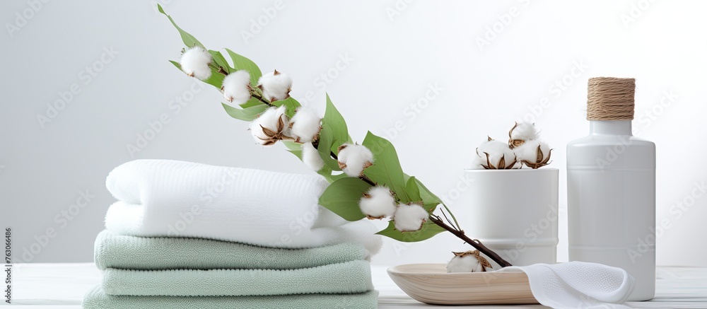 A still life photography capturing a stack of towels, cotton flowers, cotton swabs, and a bottle of lotion arranged on a table, creating a serene and artistic composition A still life photography capturing a stack of towels, cotton flowers, cotton swabs, and a bottle of lotion arranged on a table, creating a serene and artistic composition