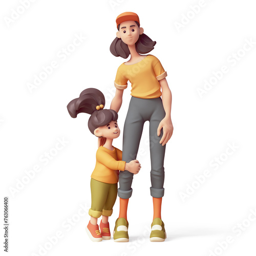 Cute kawaii excited asian smiling child girl hugs young mother's leg. Mom and сheerful daughter in fashion casual green, yellow, blue clothes. Concept friendly family. 3d render isolated transparent.