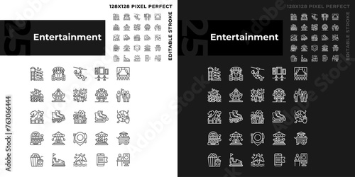 Entertainment activities pixel perfect linear icons set for dark, light mode. Amusement attractions. Family vacation. Thin line symbols for night, day theme. Isolated illustrations. Editable stroke