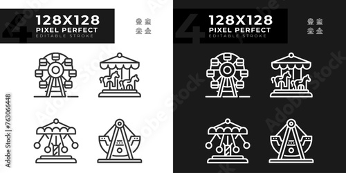 Fairground attractions pixel perfect linear icons set for dark, light mode. Thematical park. Festival entertainment. Thin line symbols for night, day theme. Isolated illustrations. Editable stroke