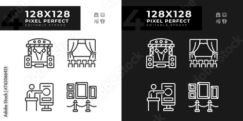 Cultural events pixel perfect linear icons set for dark, light mode. Theatrical performance. Trade conference. Thin line symbols for night, day theme. Isolated illustrations. Editable stroke