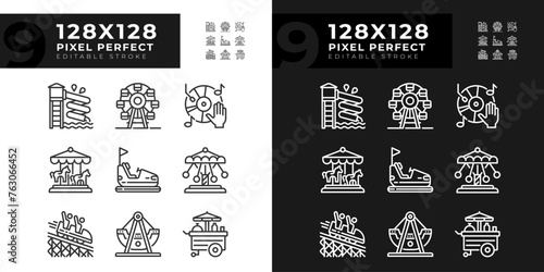 Amusement park attractions pixel perfect linear icons set for dark, light mode. Fairground activities. Family vacation. Thin line symbols for night, day theme. Isolated illustrations. Editable stroke