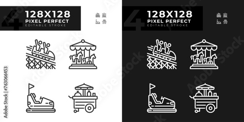 Riding amusement pixel perfect linear icons set for dark, light mode. Fairground attraction. Roundabout carousel. Thin line symbols for night, day theme. Isolated illustrations. Editable stroke