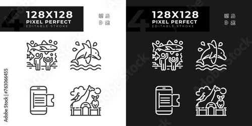 Zoo exhibit pixel perfect linear icons set for dark, light mode. Online booking. Aquatic show. Zoological park. Thin line symbols for night, day theme. Isolated illustrations. Editable stroke