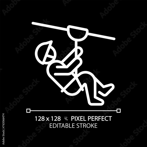 Zip line ride pixel perfect white linear icon for dark theme. Dangerous sport attraction. Extreme activity. Outdoor adventure. Thin line illustration. Isolated symbol for night mode. Editable stroke
