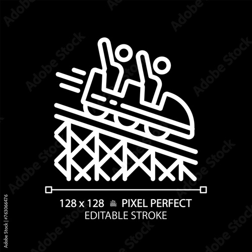 Roller coaster pixel perfect white linear icon for dark theme. Fairground park. Adrenaline vacation, tourism entertainment. Thin line illustration. Isolated symbol for night mode. Editable stroke