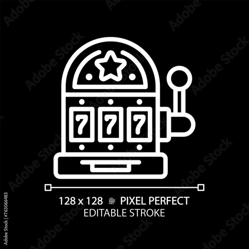 Casino slot machine pixel perfect white linear icon for dark theme. Gambling sport lifestyle. Lottery luck, jackpot. Thin line illustration. Isolated symbol for night mode. Editable stroke