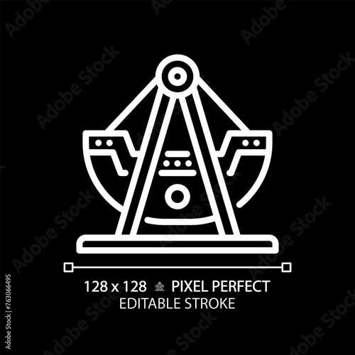 Swinging pirate ship pixel perfect white linear icon for dark theme. Swing boat amusement. Viking thematical park. Thin line illustration. Isolated symbol for night mode. Editable stroke