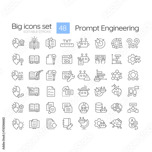 Prompt engineering linear icons set. Design instructions. Test and optimize tasks. Chatbot interaction. Customizable thin line symbols. Isolated vector outline illustrations. Editable stroke
