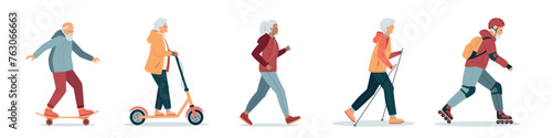 Energetic happy gray haired elderly people, Healthy lifestyle. Elderly women running, practice nordic walking, rides electric scooter. Old adult men rollerblading, skateboarding. Vector illustration
