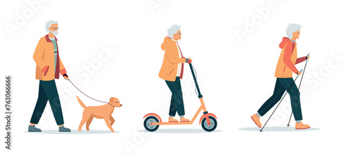 Energetic happy gray haired elderly women and man, Healthy lifestyle. Elderly woman practice nordic walking. Elderly woman rides an electric scooter. Elderly man walking his dog. Vector Illustration
