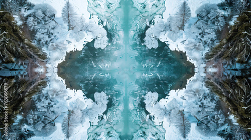 Aerial drone shot top-down bird's eye view, mirror image, lake in snowy forest, symmetrical vibrant eco nature background, isolated, abstract organic nature-inspired natural textures banner © Goodwave Studio