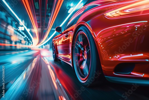 A red sports car is speeding down a road with neon lights in the background. Generative AI © Natee Meepian