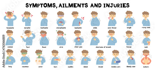 Symptoms, Ailments and Injuries Collection 1 cute on a white background, vector illustration.